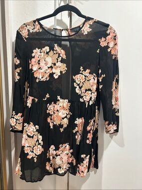 Topshop Black Floral Long-Sleeve Babydoll Dress with Pink & Cream Flowers